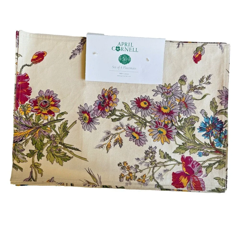 April Cornell Placemats Wildflower Beige Set of 4 100% Cotton 14x19 Thanksgiving